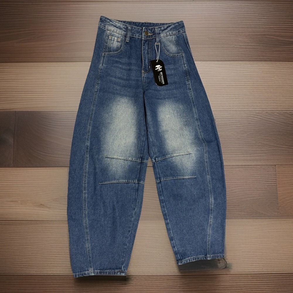 HUNGSON Barrel Jeans Womens Size 2 Wide Leg Mid Rise‎ Medium Wash NWT Y2K  Boho
